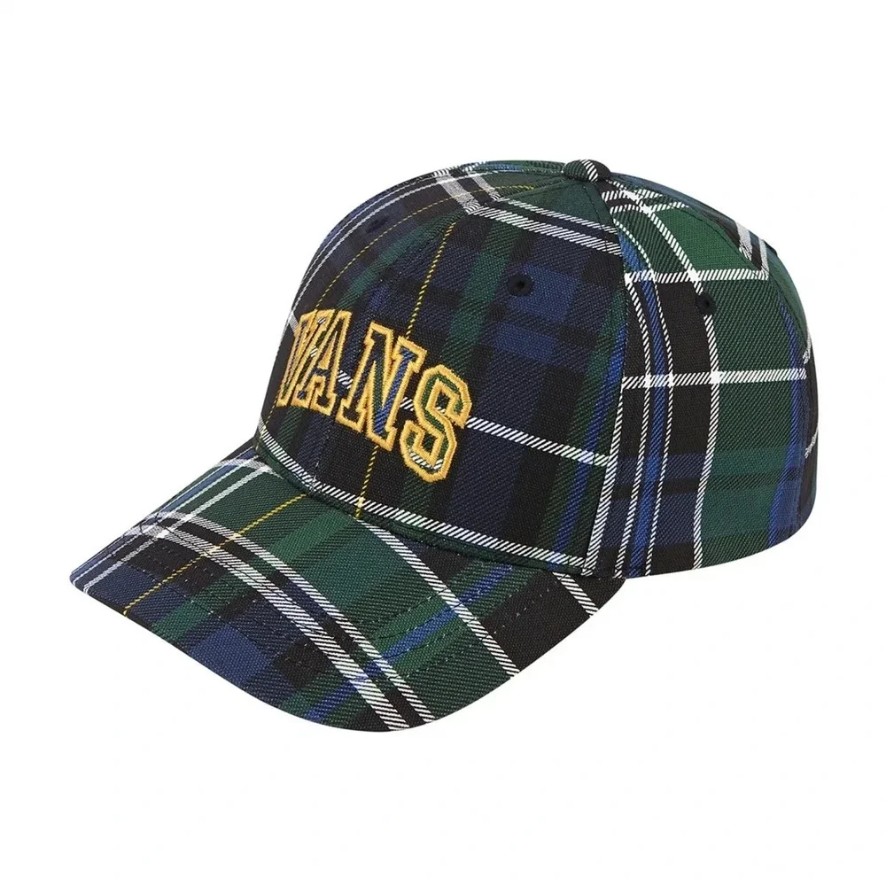 VANS LOGO STRUCTURED JOCKEY HAT BALL CAP PLAID GREEN UNISEX New